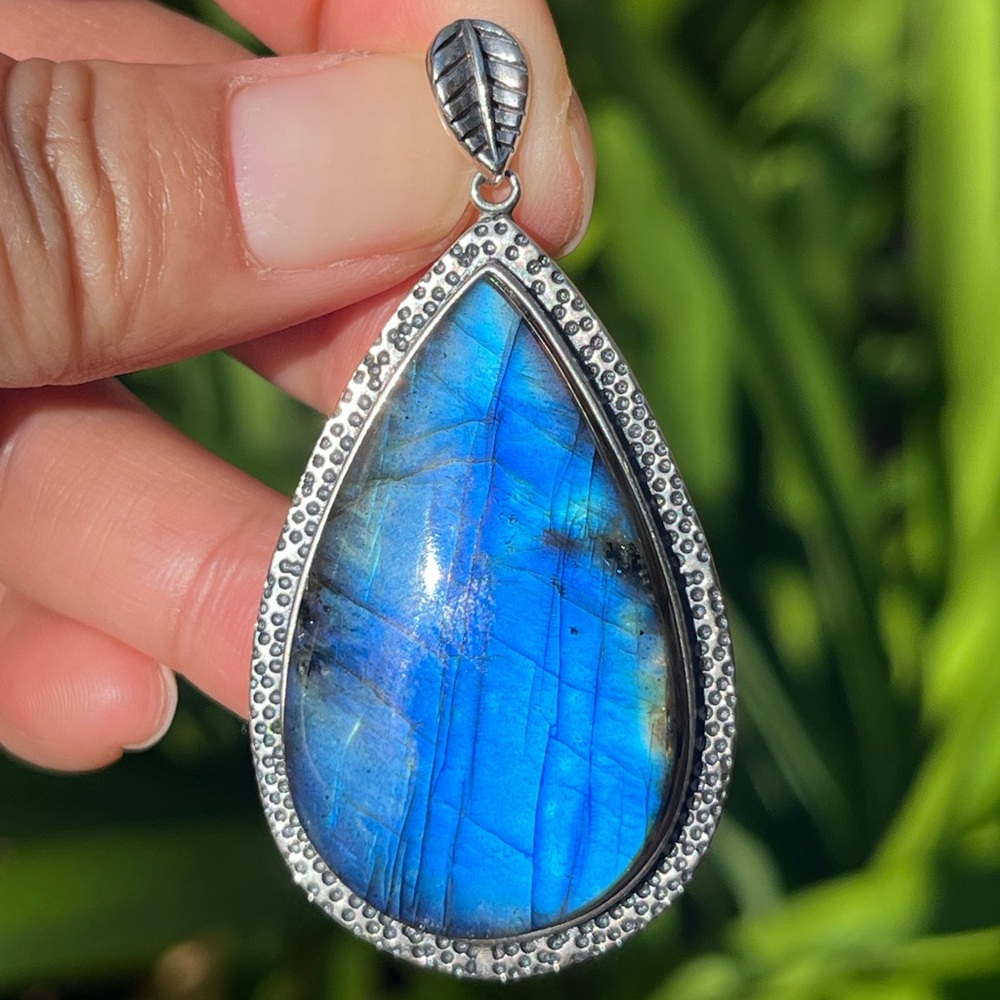 Sterling silver 925‎ stamped large flashy labradorite pendant 0257